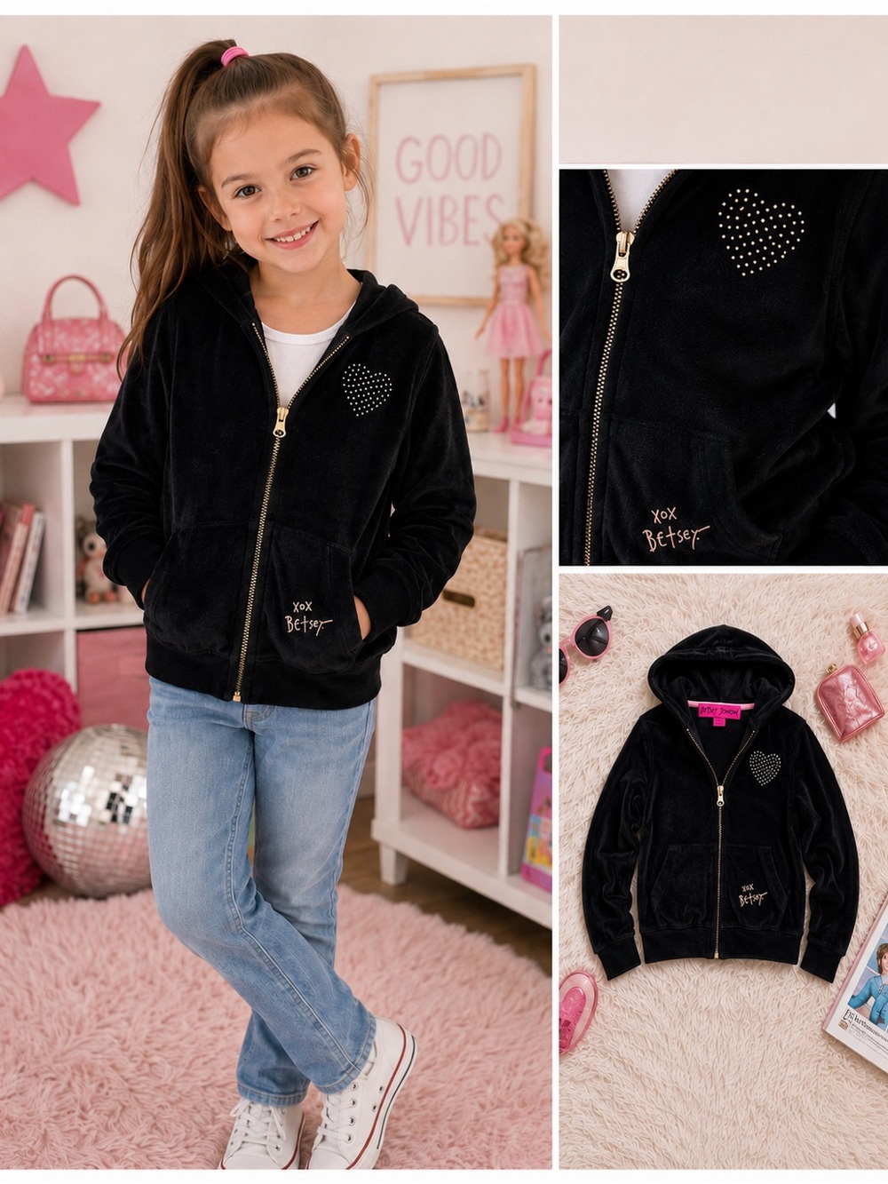 Betsey Johnson Girls Black Velour Rhinestone Heart Hoodie Kids Size 5 - Picture 1 of 7
